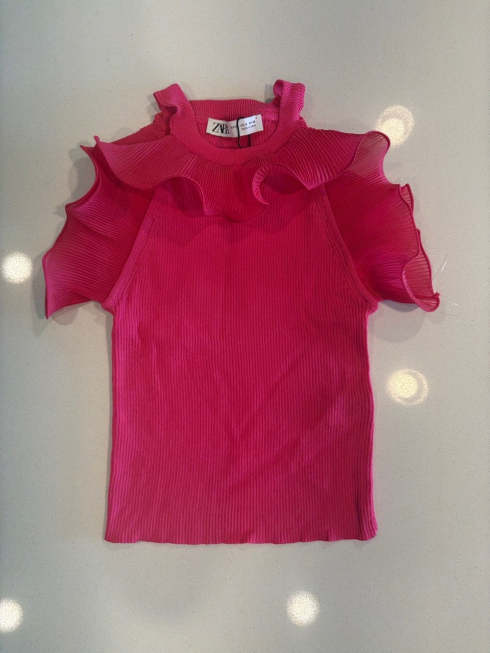 Zara Hot Pink Ribbed Ruffle Cold-Shoulder Tank